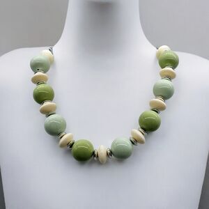 Chunky Retro Bubble Necklace Vtg Disc Bead Sage Green Tea Cream Statement READ